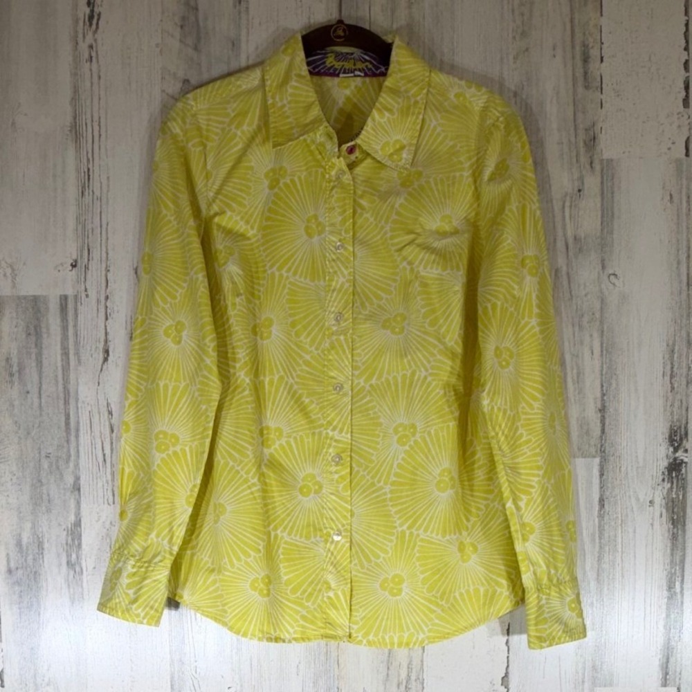 Boden Button Down Shirt Size US 8 Yellow White Floral Sunburst Cotton Mod Retro